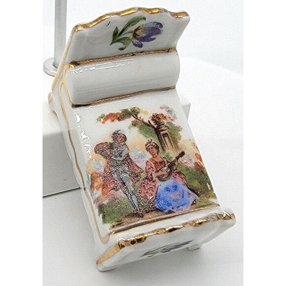 Limoges France Miniature Bed Dollhouse Furniture Victorian Couple Gold Trim - Picture 6 of 12